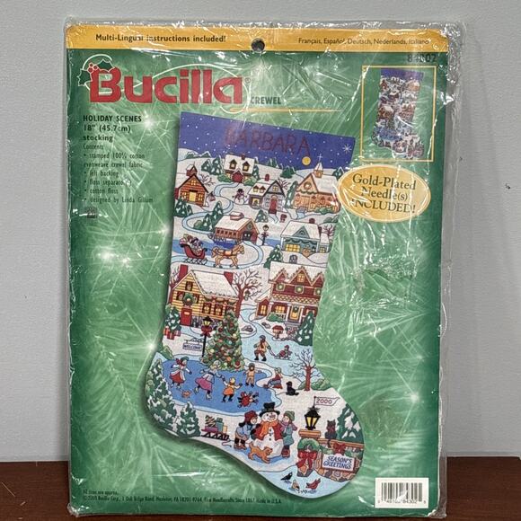 Bucilla Crewel Christmas Holiday Scenes 18” Stocking 84302 New Unopened NOS 2000 - Picture 1 of 8